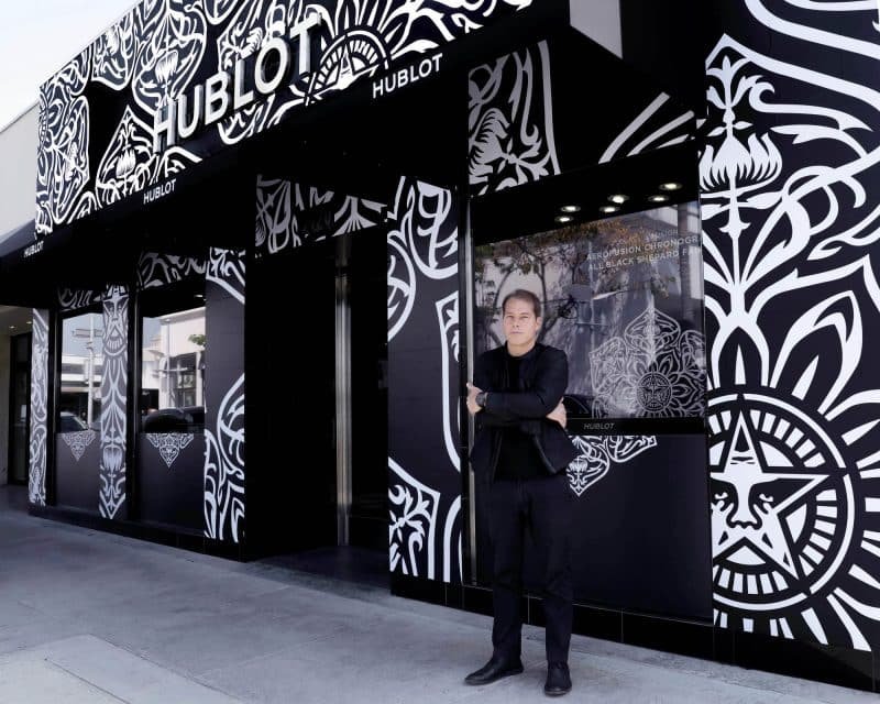 Hublot Ambassador Shepard Fairey at in front of the Beverly Hills Boutique
