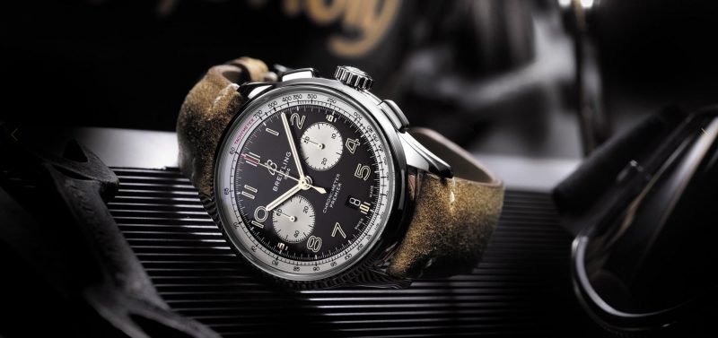 Breitling B01 Chronograph 42 Norton Edition, black and white panda dial, steel case, brown leather strap