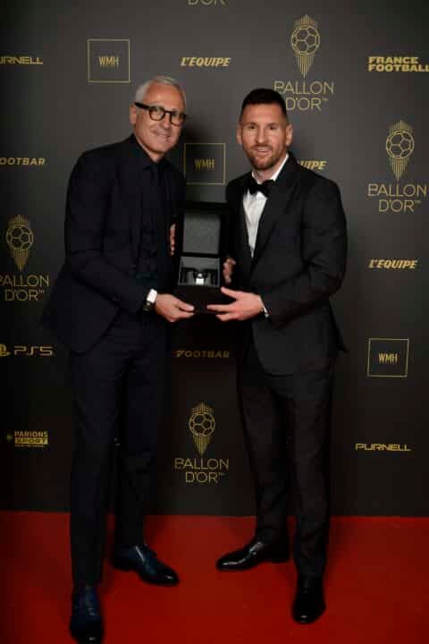 Leo Messi and Maurizio Mazzochi, CEO of Purnell at the Ballon d'Or Award Ceremony